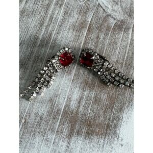 VTG Dangle Estate Red Clear Rhinestone Clip Earrings Regency Glam‎ Formal Chic